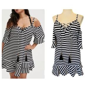 Torrid Black/White‎ Striped Cold Shoulder Lace Up Swimsuit Cover Up Dress 1X